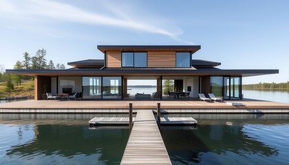 Fototapeta premium Modern Lake House with Wooden Deck and Dock,