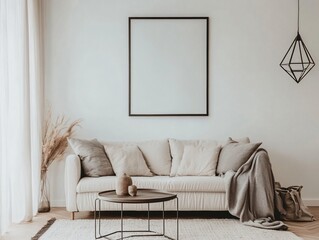Minimalist Living Room Interior Design with White Sofa  Geometric Lamp  and Blank Canvas