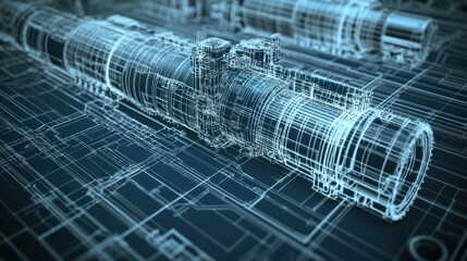 Photorealistic close-up of tank engine parts and exhaust systems, with intricate details of components, rendered in technical blueprint style