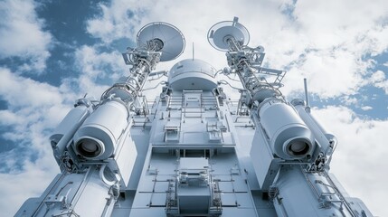 Fototapeta premium Photorealistic rendering of a battleship radar mast and communication arrays, with intricate design details and precise measurements