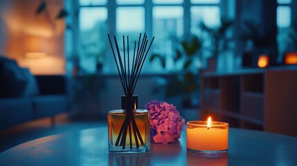 Relaxing Indoor Scene with Aromatic Reed Diffuser, Gentle Candle Flame, and Fresh Flowers in Cozy Living Room Setting for Peaceful Ambiance Enhancement