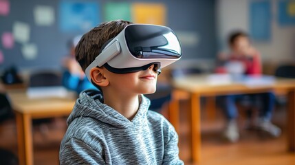 Boy in Classroom Wearing Virtual Reality Headset Engaged in Interactive Learning Experience with Other Students in Background
