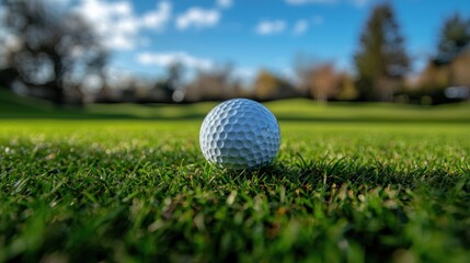 Obraz premium Close-Up View of a White Golf Ball on Green Grass Surrounded by Blue Sky and Trees in a Calm Daylight Setting for Golf Enthusiasts and Nature Lovers