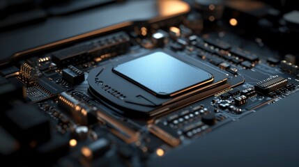 Photorealistic rendering of a laptops hard drive (HDD/SSD), highlighting the disk platters, controller chip, and interface connectors