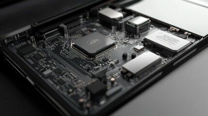 Fototapeta premium Photorealistic rendering of a laptops hard drive (HDD/SSD), highlighting the disk platters, controller chip, and interface connectors