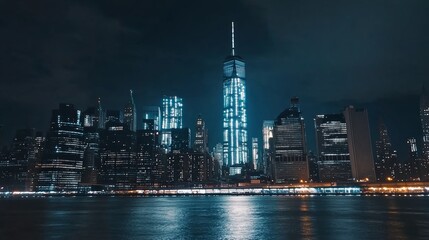 Obraz premium New York City skyline at night with illuminated skyscrapers