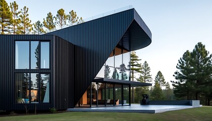 Fototapeta premium Modern Black House with Large Windows and Deck,