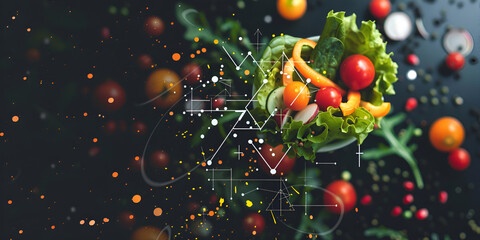 Healthy Food Ingredients with Scientific Data Overlay, Fresh Vegetables and Nutrition Science Concept