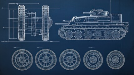 Tank component parts in photorealistic detail, showing the drive system, wheels, and transmission, presented in blueprint format with precise specs