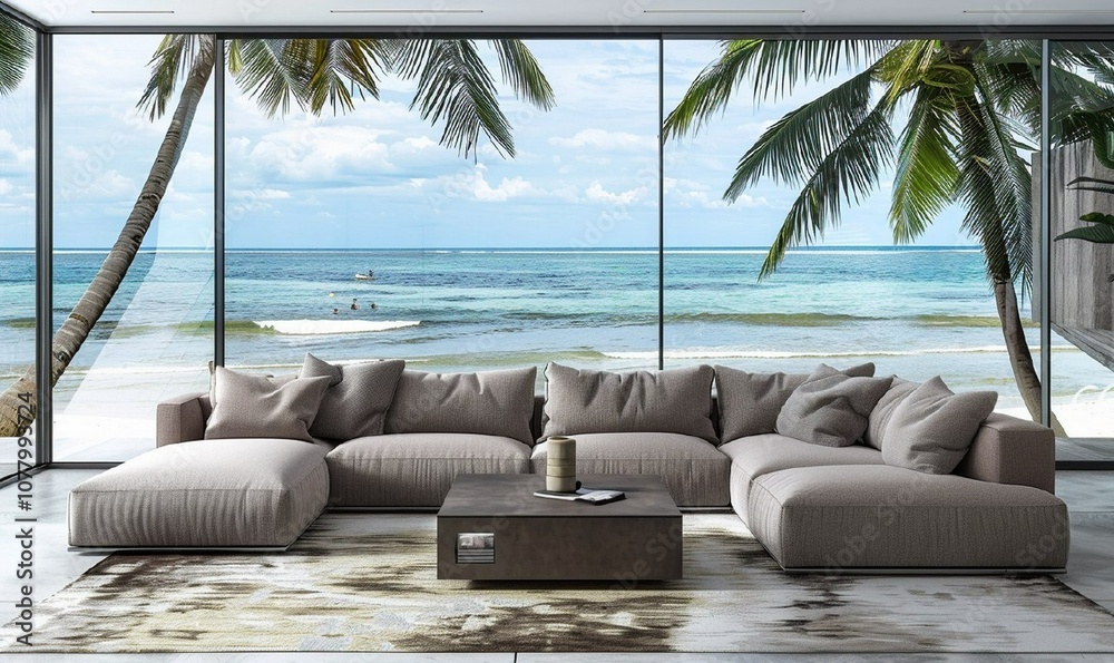 Aufkleber Large sectional sofa is in front of a large window overlooking the ocean