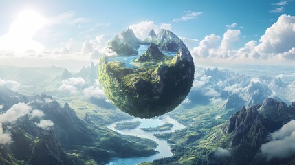 Fototapeta premium Suspended mountains river landscape illustration poster background