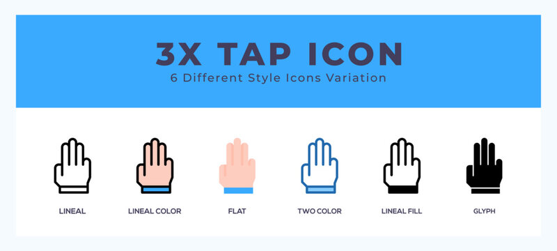 3x tap icon set with different styles. Design elements for logo. Vector illustration.