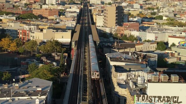 Aerial view of the subway in Brooklyn at sunrise