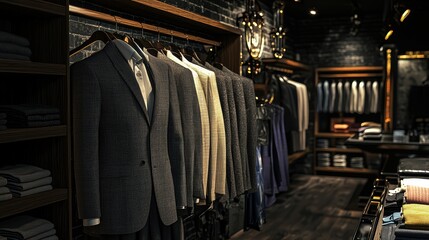 Naklejka premium Elegant Display of Tailored Suits in Upscale Fashion Boutique Showcasing a Variety of Styles and Textures for the Discerning Customer's Choice in Men's Fashion
