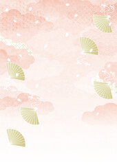 ピンクの雲と金の扇、舞い散る桜吹雪の和風背景ベクターイラスト　A4縦