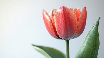 Naklejka premium A vibrant tulip bloom with green leaves against a soft background.