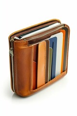 Leather wallet with zipper and cards.