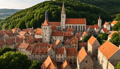 Fototapeta premium Aerial View of Medieval Town with Church and Red R...