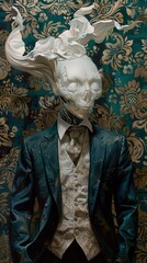Fototapeta premium Surreal Skull with White Feathers in a Green and Gold Setting: A Study in Mortality and Transformation
