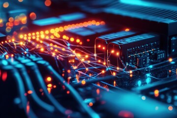 Obraz premium Blue and orange lights on futuristic circuit board