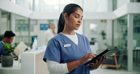 Nurse, tablet and research with woman in hospital for patient files, digital schedule and medical...