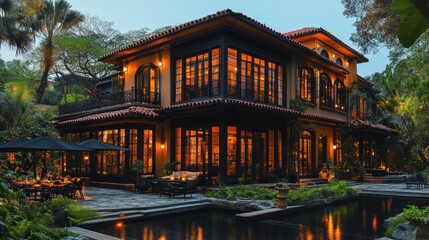 Obraz premium Elegant multi-story villa surrounded by lush greenery at dusk.