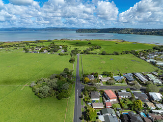 Aerial view of Ambury Farm in the suburb of Mangere Bridge, Auckland, New Zealand