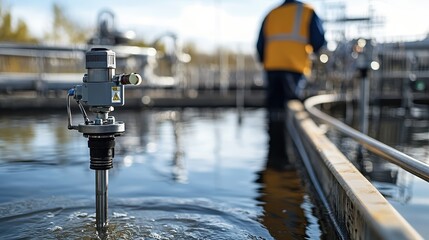 A scientist operates a water quality monitoring device at a research facility