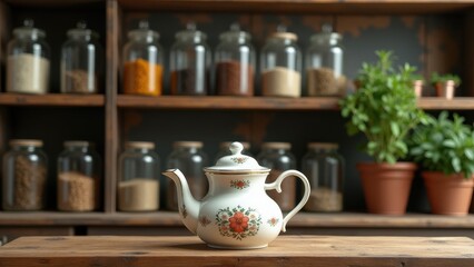 Fototapeta premium Vintage teapot for farmhouse decor. A floral teapot sits on a wooden table, with spice jars and plants on shelves in the background, creating a cozy kitchen vibe.