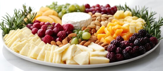 A platter of sliced cheese, fruit, and nuts arranged in a circular pattern.