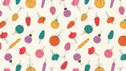 Seamless Christmas or New Year pattern with Christmas tree decorations, hand drawn.