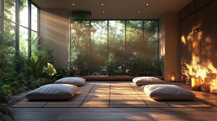 Fototapeta premium Serene indoor space with cushions and lush greenery.