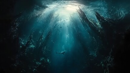 Obraz premium Ethereal Underwater Scene with Sunlight and Marine Life