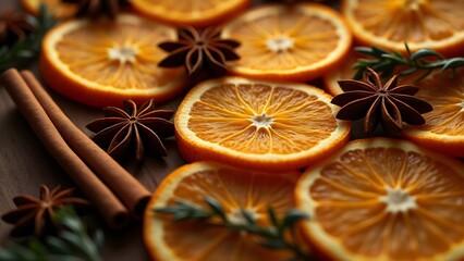 Fototapeta premium dried orange slices, cinnamon sticks, and star anise arranged in a rustic