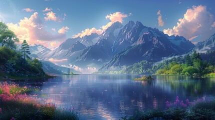 Serene Mountain Lake Landscape - Tranquil Nature Scene with Reflection