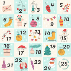 Holiday-themed advent calendar with cozy winter illustrations and numbers