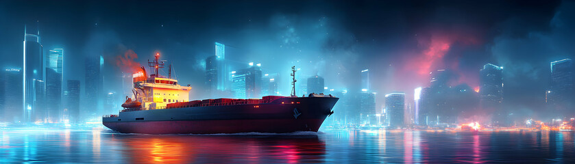 Obraz premium A Cargo Ship Navigates Through a Futuristic Cityscape at Night, Illuminated by Neon Lights and a Misty Atmosphere.