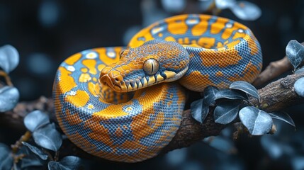 Fototapeta premium A vibrant snake resting on a branch surrounded by leaves.