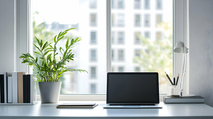 Fototapeta premium Desk Setup. A minimalist home office with an open laptop and indoor plants.