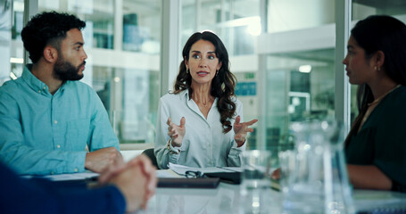 Obraz premium Meeting, strategy and business people in office with woman, discussion and proposal for project management. Growth, development and team in conference room for workshop, solidarity and planning ideas