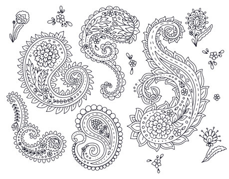 Set of black and white paisley motifs isolated on white background. Indian style monochrome design elements