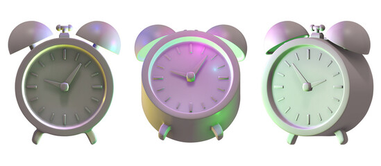 Three Retro Alarm Clocks with Colorful Light Effects