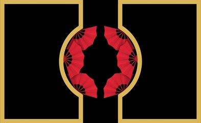 Geometric Design with Red Fan Pattern and Gold Frame