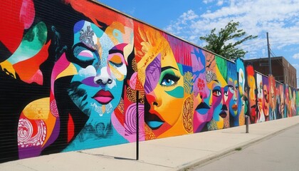 Fototapeta premium A vibrant mural depicting diverse faces celebrates art and community expression in urban landscapes.