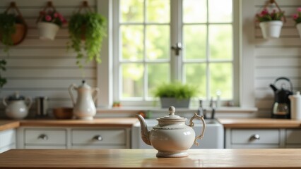 Vintage teapot for farmhouse decor. A floral teapot rests on a wooden kitchen counter, with natural light streaming through an open window adorned with potted plants.
