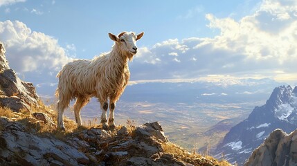 Naklejka premium A lone white goat stands on a rocky mountain peak, looking out over a vast valley and distant mountains with a blue sky and white clouds.