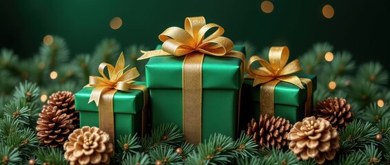 Green gift boxes with gold ribbons and pine cones on a green background with pine branches. Banner, background for Christmas, New Year, holiday themes