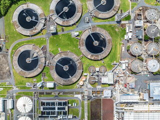 Top down view of Watercare waste water treatment plant in Mangere, Auckland, New Zealand