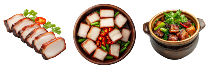 A display of sliced meat alongside two dishes featuring cooked meat and vegetables, garnished with herbs and spices.