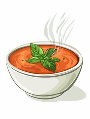 A steaming bowl of creamy tomato soup with basil leaves, ideal for culinary and restaurant designs, isolated on white.